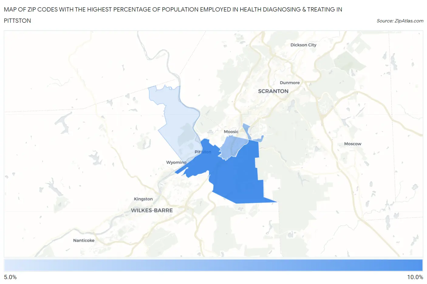 Zip Codes with the Highest Percentage of Population Employed in Health Diagnosing & Treating in Pittston Map