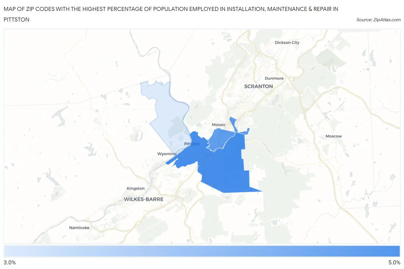 Zip Codes with the Highest Percentage of Population Employed in Installation, Maintenance & Repair in Pittston Map