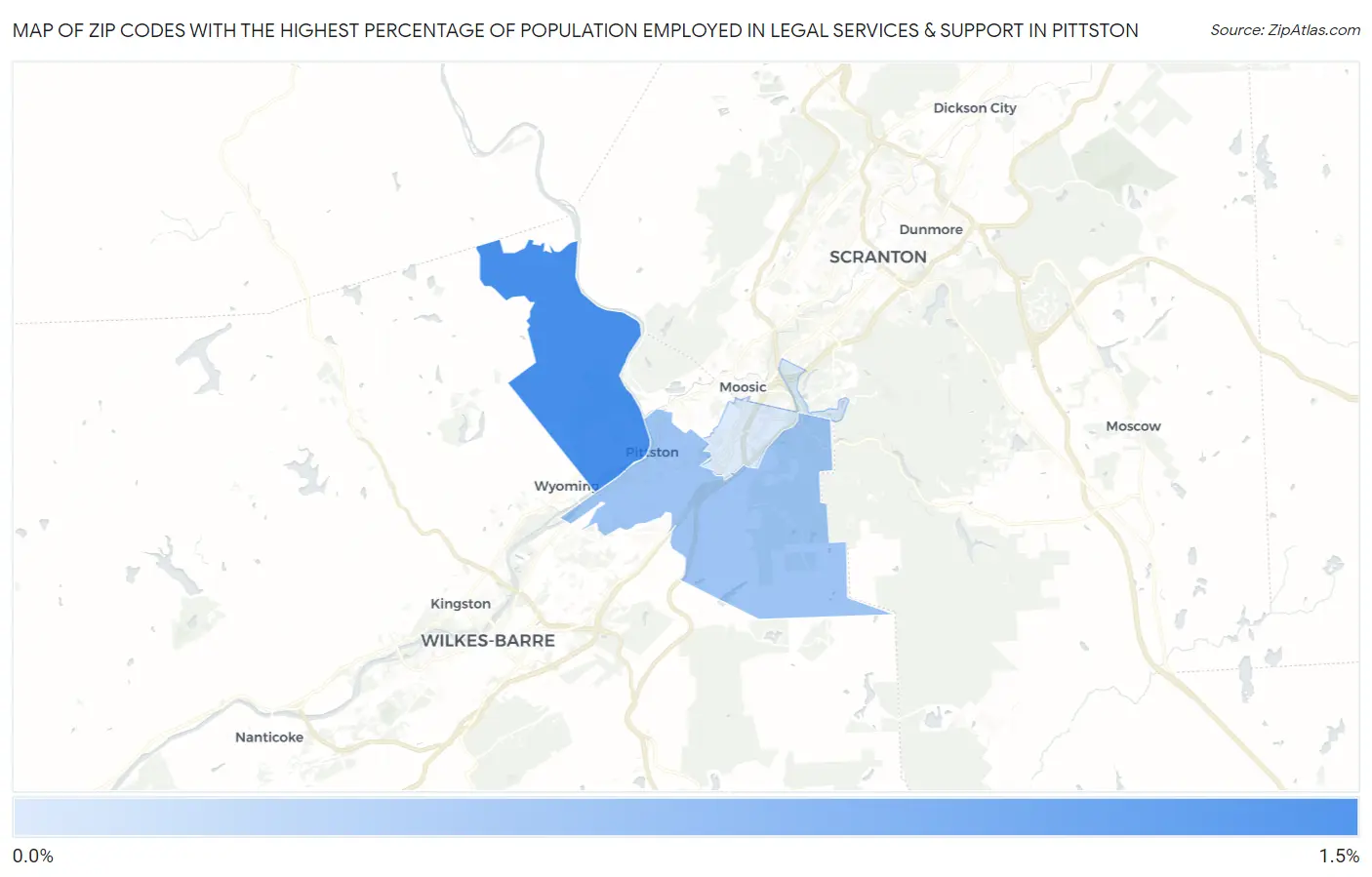 Zip Codes with the Highest Percentage of Population Employed in Legal Services & Support in Pittston Map