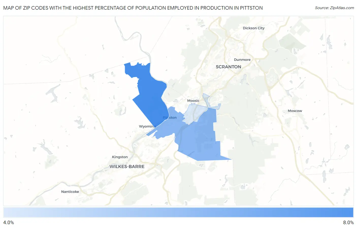 Zip Codes with the Highest Percentage of Population Employed in Production in Pittston Map