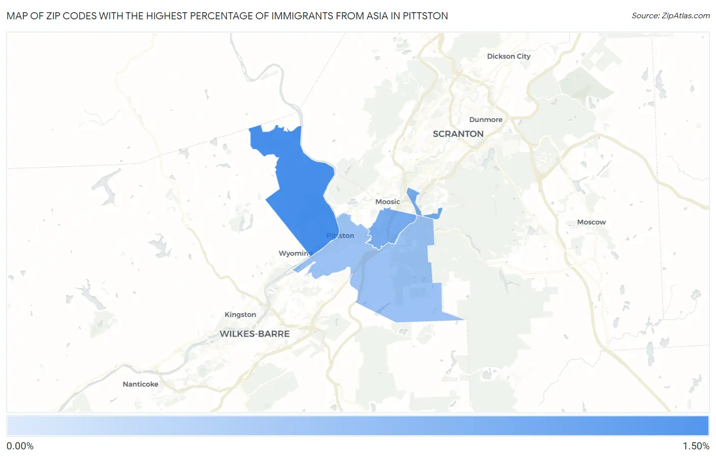 Zip Codes with the Highest Percentage of Immigrants from Asia in Pittston Map