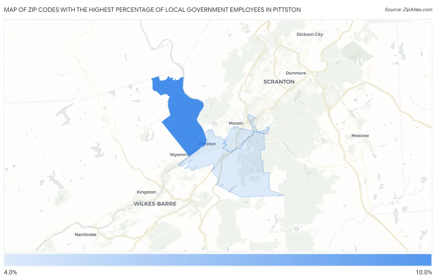 Zip Codes with the Highest Percentage of Local Government Employees in Pittston Map