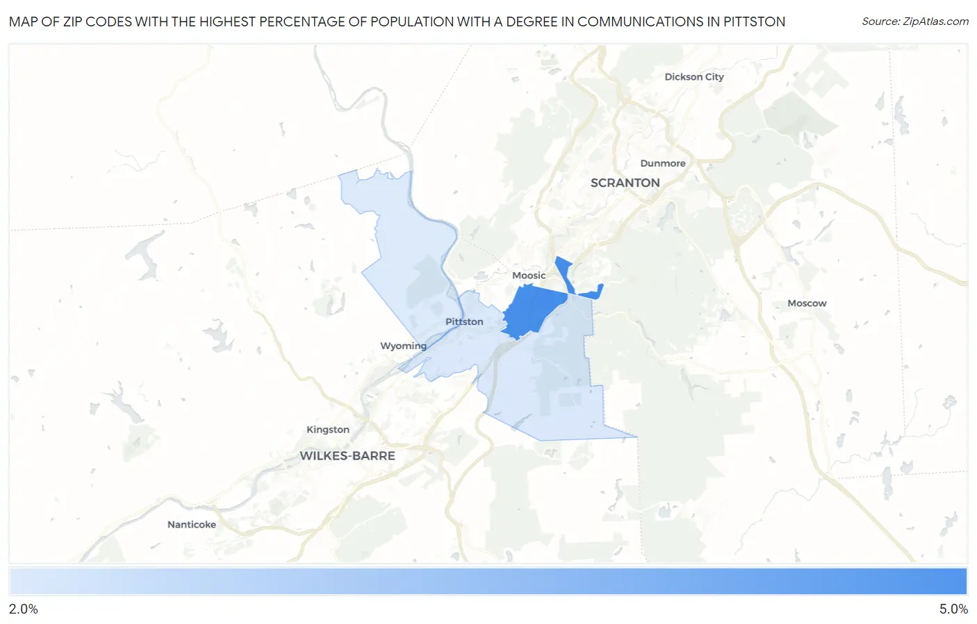 Zip Codes with the Highest Percentage of Population with a Degree in Communications in Pittston Map