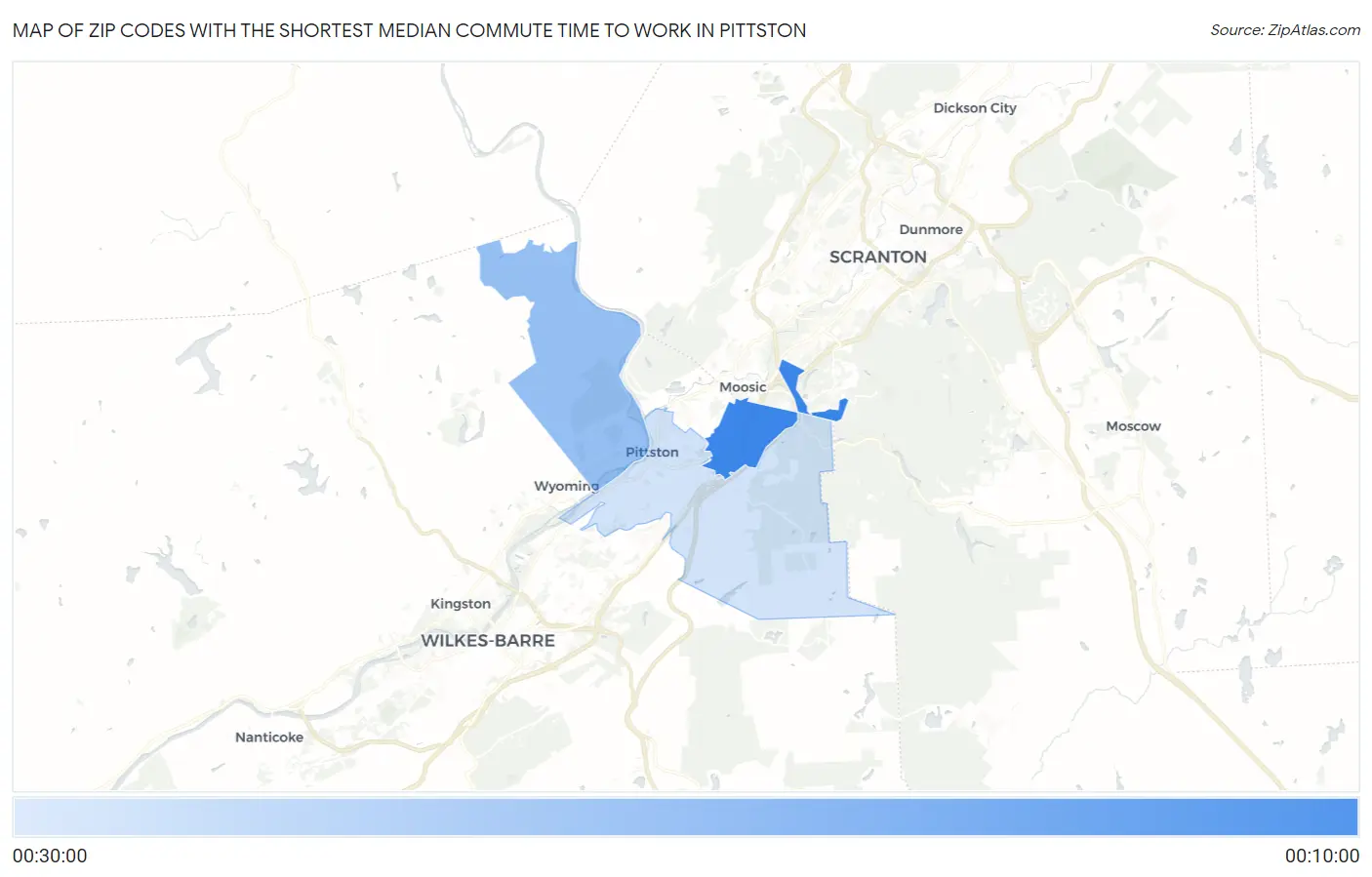 Zip Codes with the Shortest Median Commute Time to Work in Pittston Map
