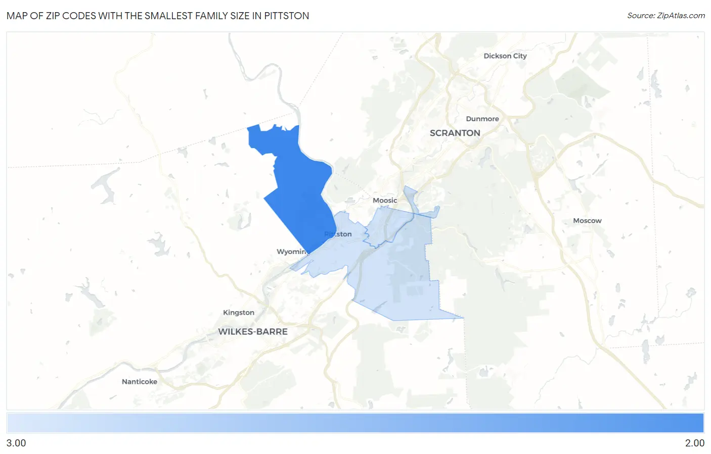Zip Codes with the Smallest Family Size in Pittston Map