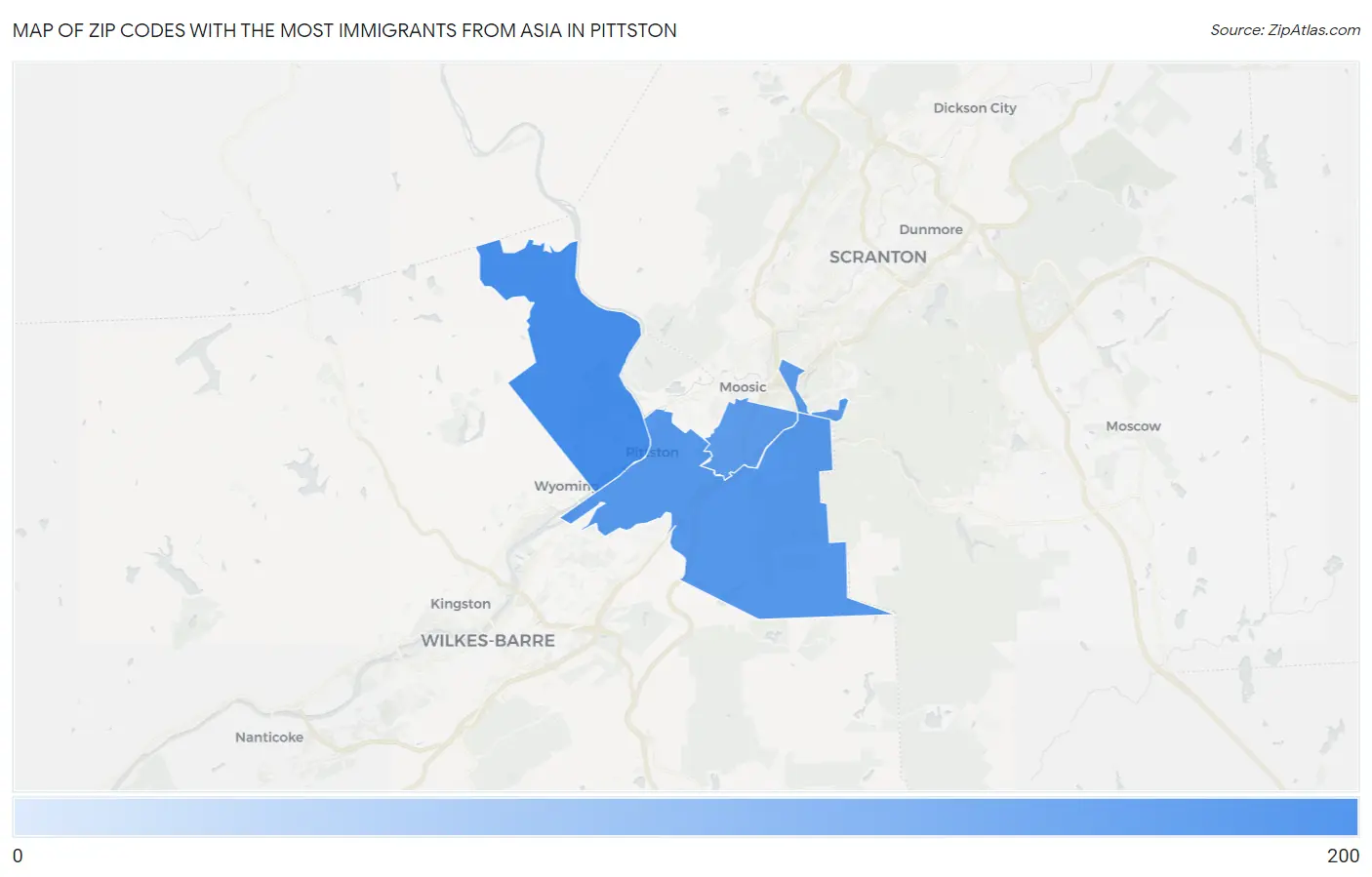 Zip Codes with the Most Immigrants from Asia in Pittston Map