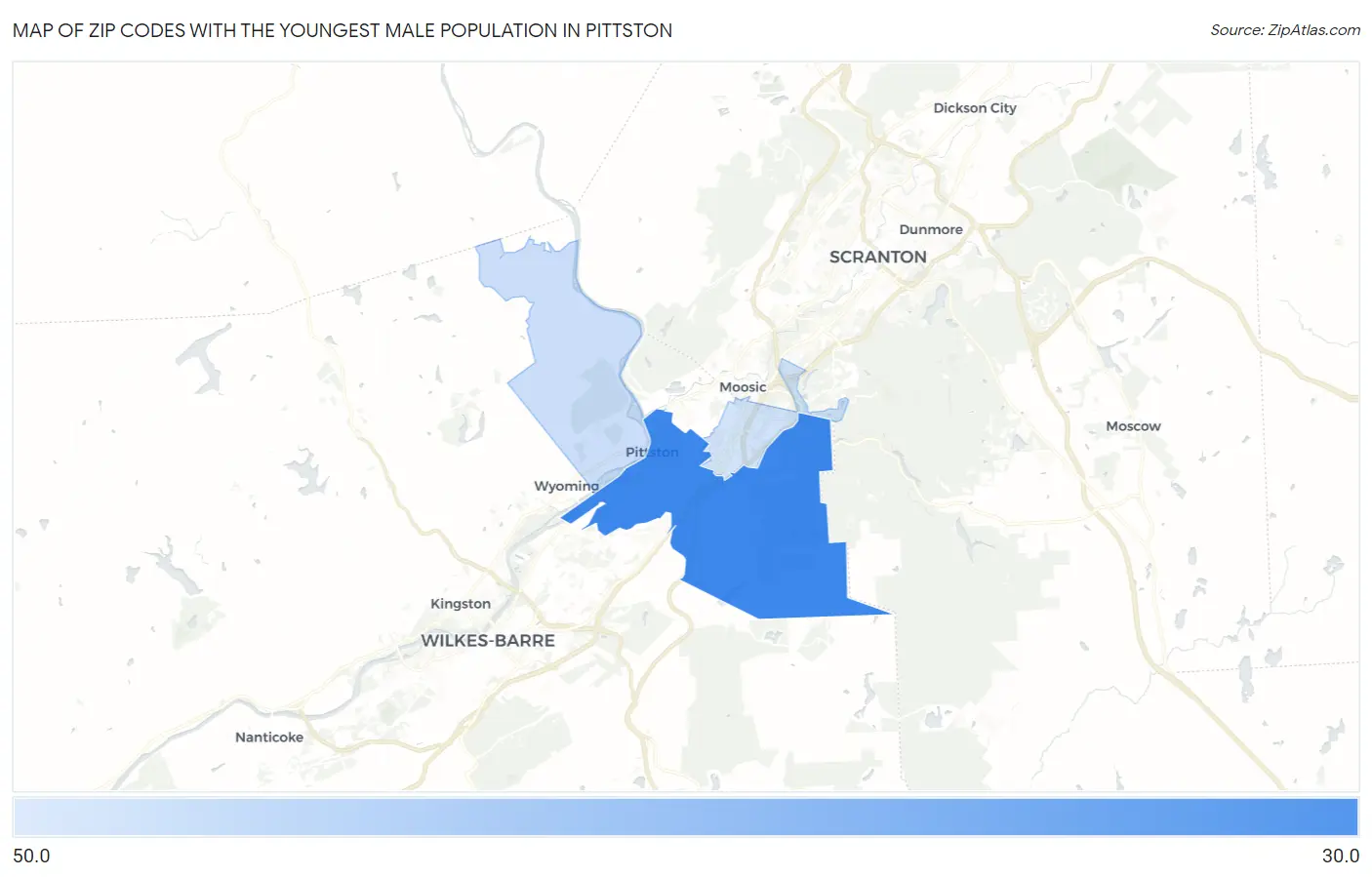 Zip Codes with the Youngest Male Population in Pittston Map