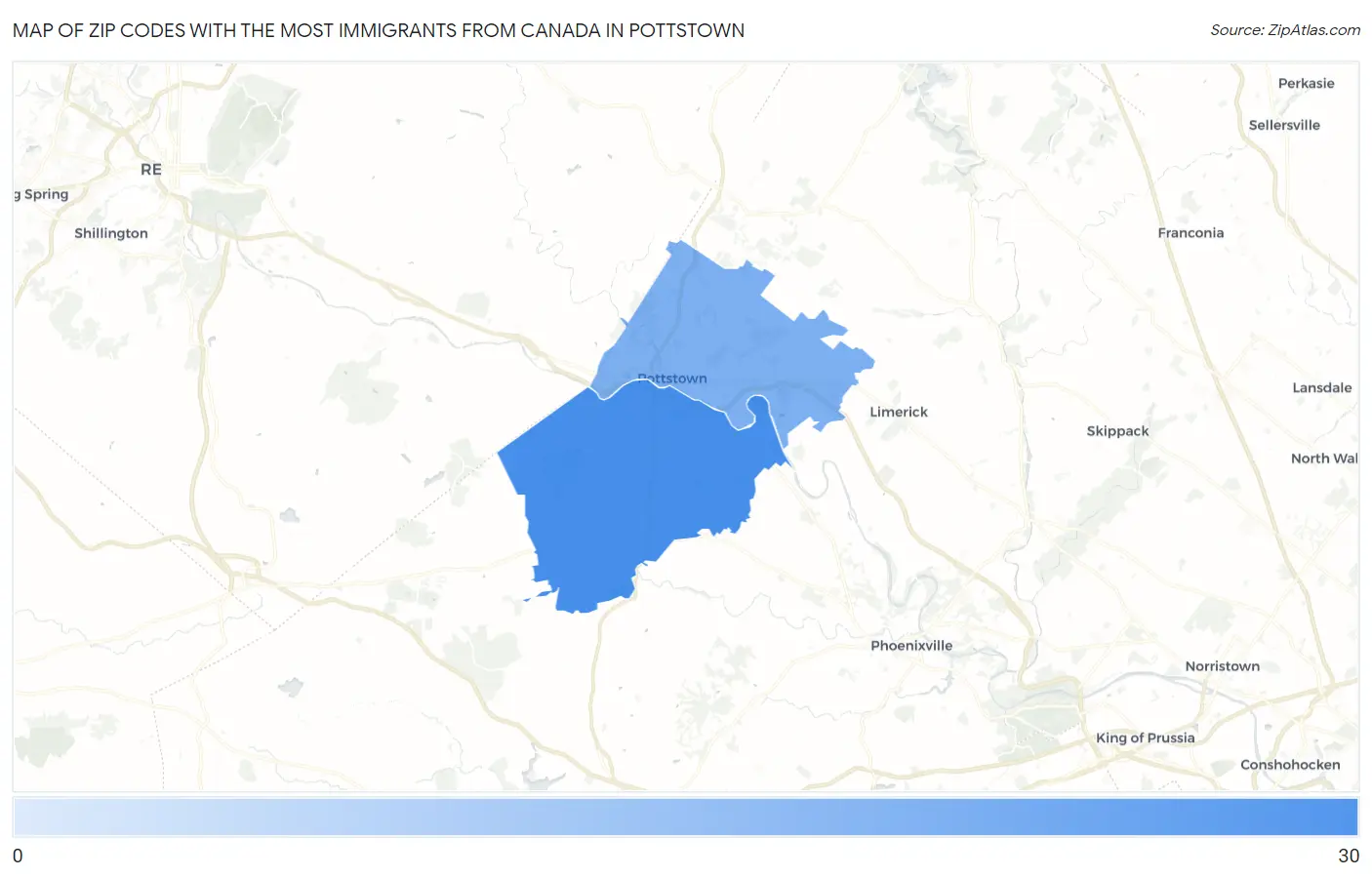 Zip Codes with the Most Immigrants from Canada in Pottstown Map