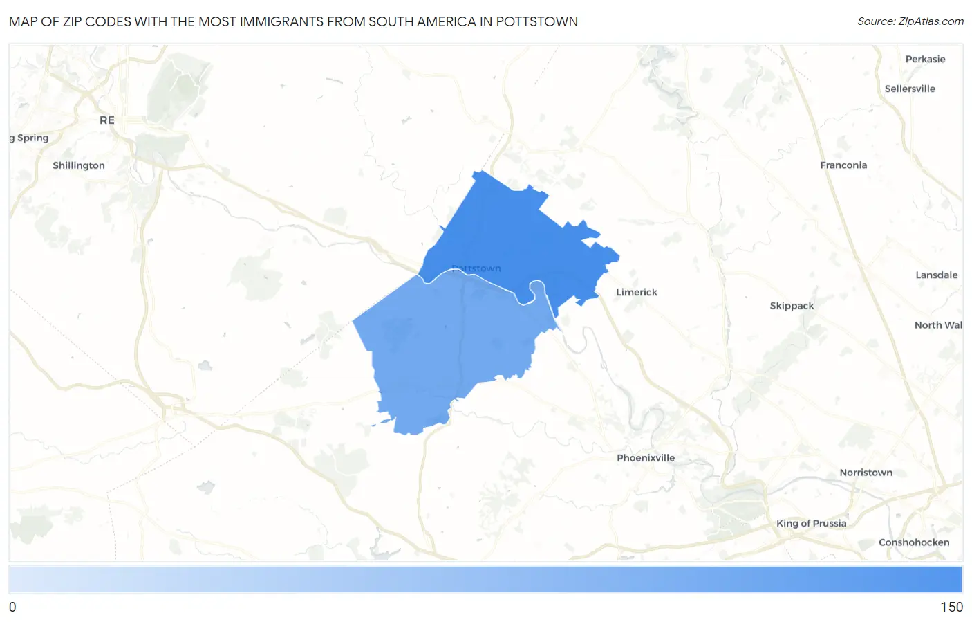 Zip Codes with the Most Immigrants from South America in Pottstown Map
