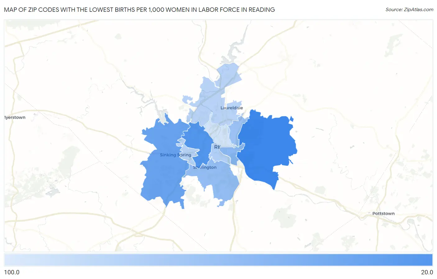 Zip Codes with the Lowest Births per 1,000 Women in Labor Force in Reading Map