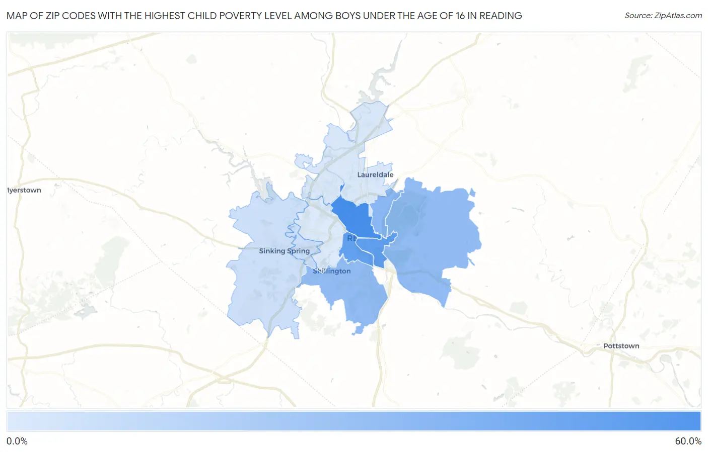 Zip Codes with the Highest Child Poverty Level Among Boys Under the Age of 16 in Reading Map