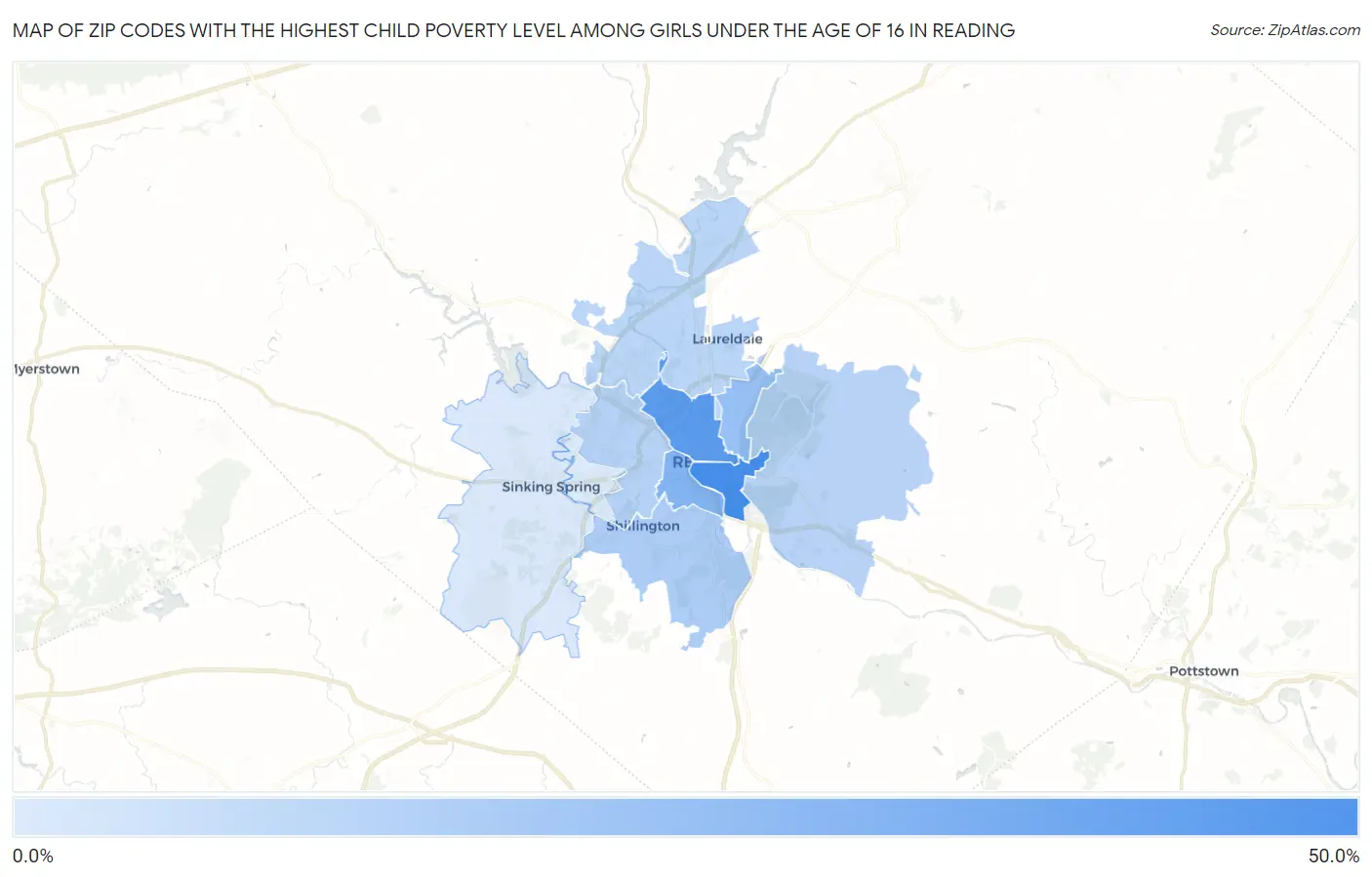 Zip Codes with the Highest Child Poverty Level Among Girls Under the Age of 16 in Reading Map