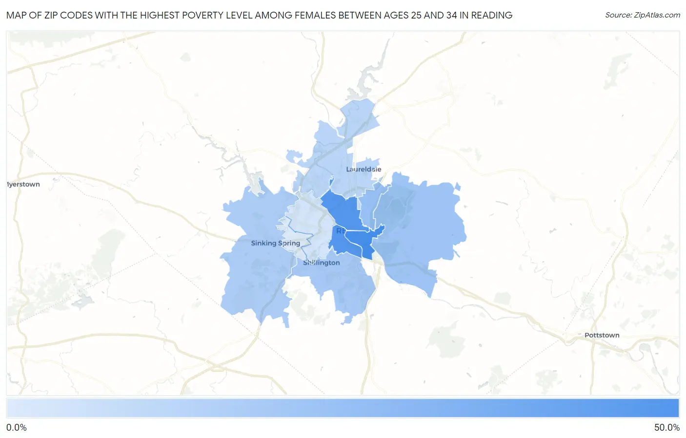 Zip Codes with the Highest Poverty Level Among Females Between Ages 25 and 34 in Reading Map