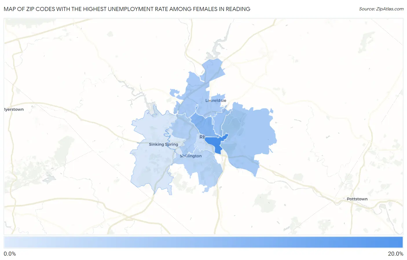 Zip Codes with the Highest Unemployment Rate Among Females in Reading Map