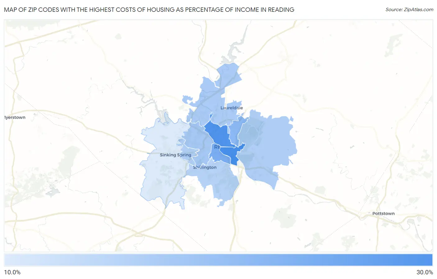 Zip Codes with the Highest Costs of Housing as Percentage of Income in Reading Map