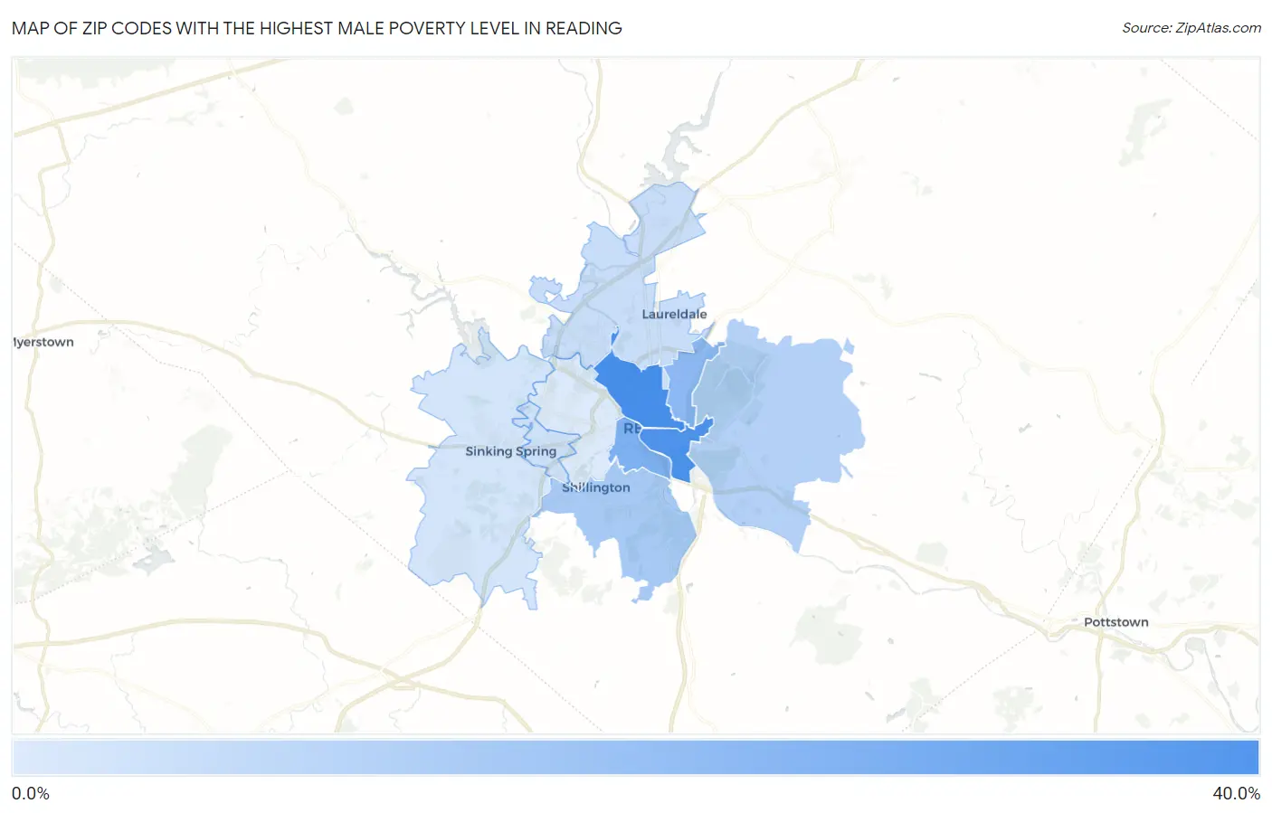 Zip Codes with the Highest Male Poverty Level in Reading Map