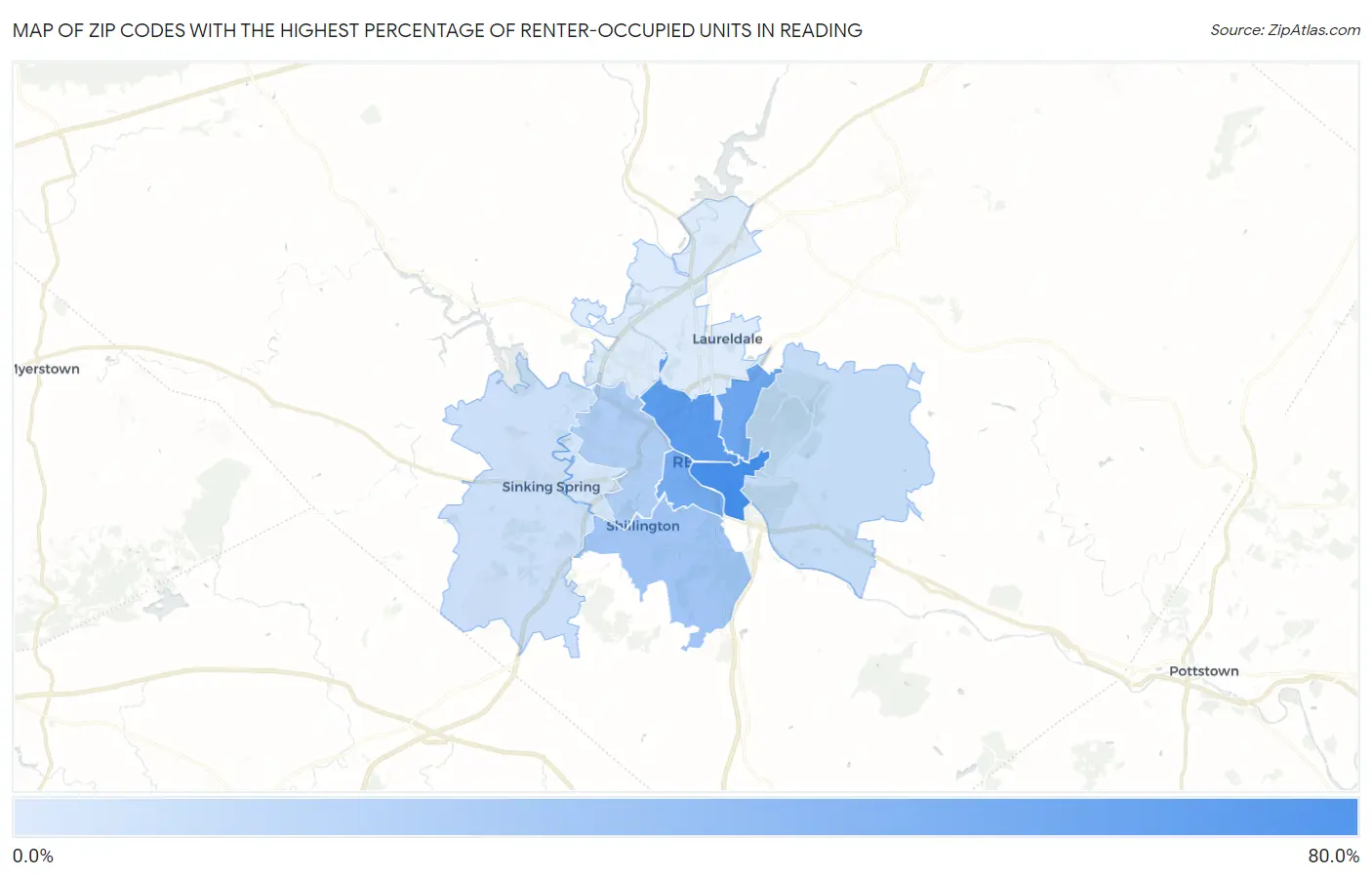 Zip Codes with the Highest Percentage of Renter-Occupied Units in Reading Map