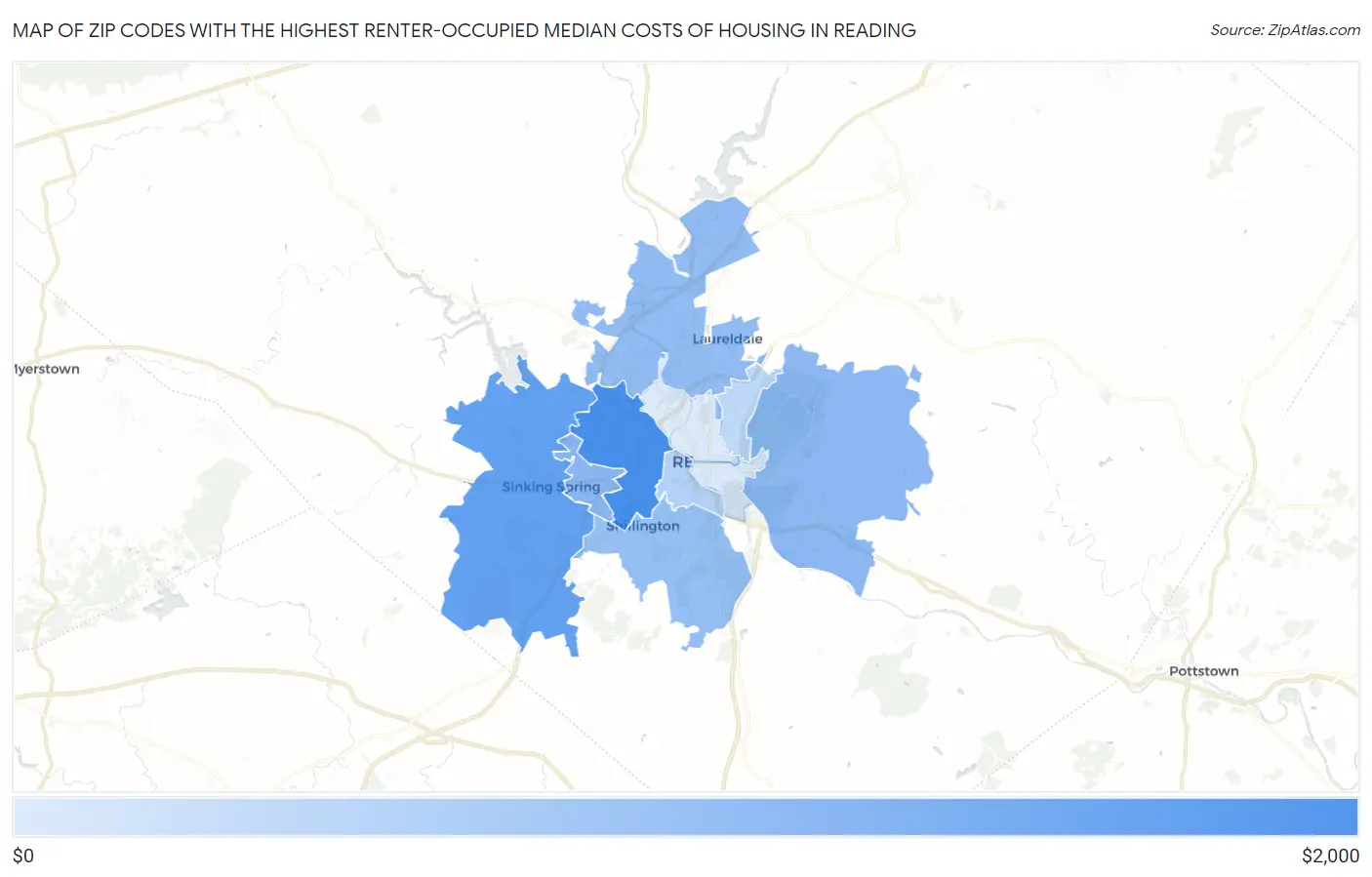 Zip Codes with the Highest Renter-Occupied Median Costs of Housing in Reading Map