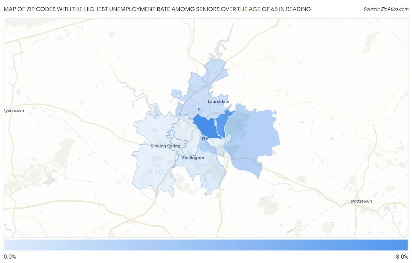 Zip Codes with the Highest Unemployment Rate Amomg Seniors Over the Age of 65 in Reading Map
