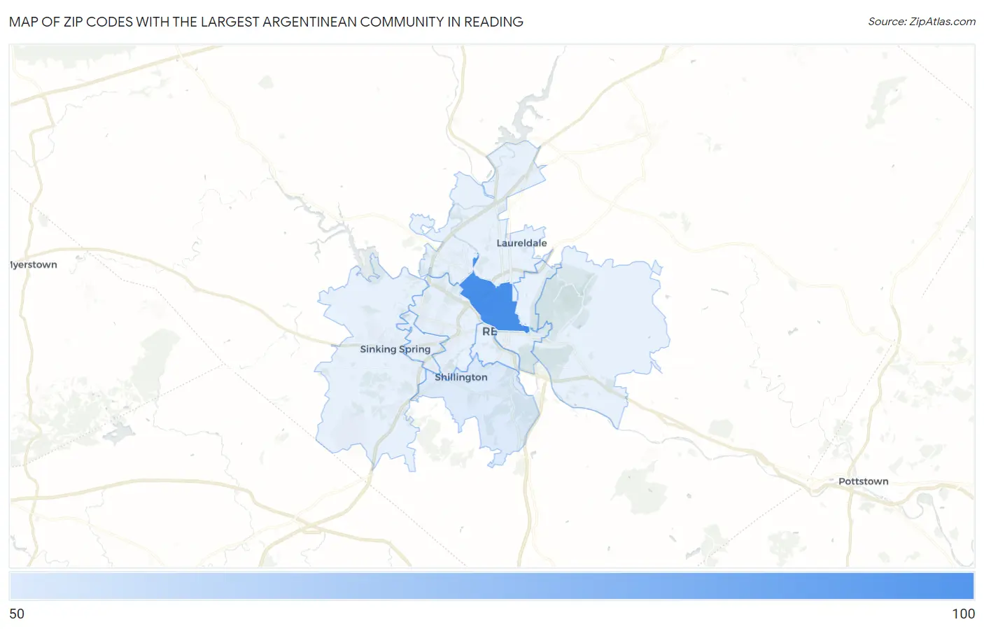 Zip Codes with the Largest Argentinean Community in Reading Map