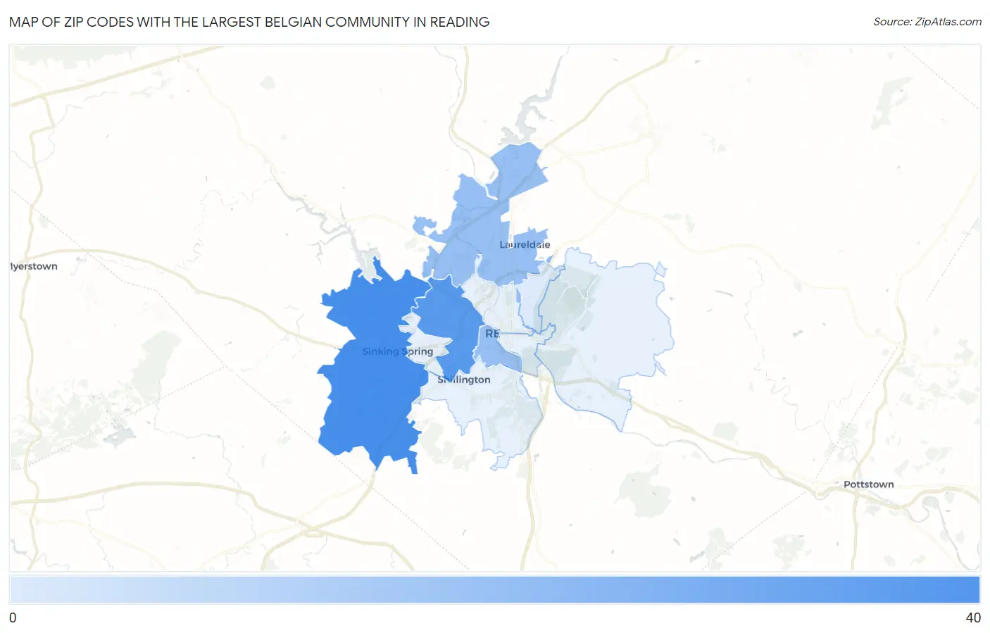 Zip Codes with the Largest Belgian Community in Reading Map