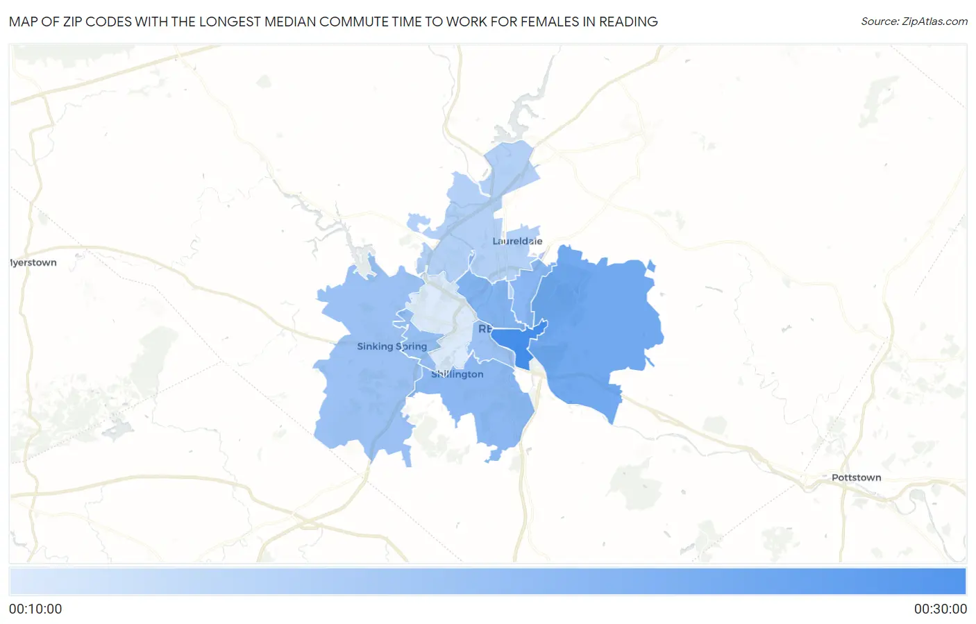 Zip Codes with the Longest Median Commute Time to Work for Females in Reading Map