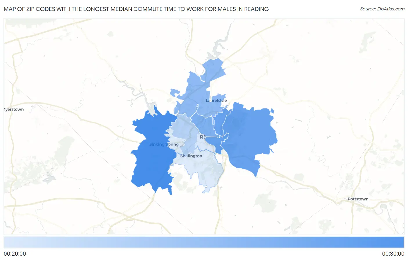Zip Codes with the Longest Median Commute Time to Work for Males in Reading Map