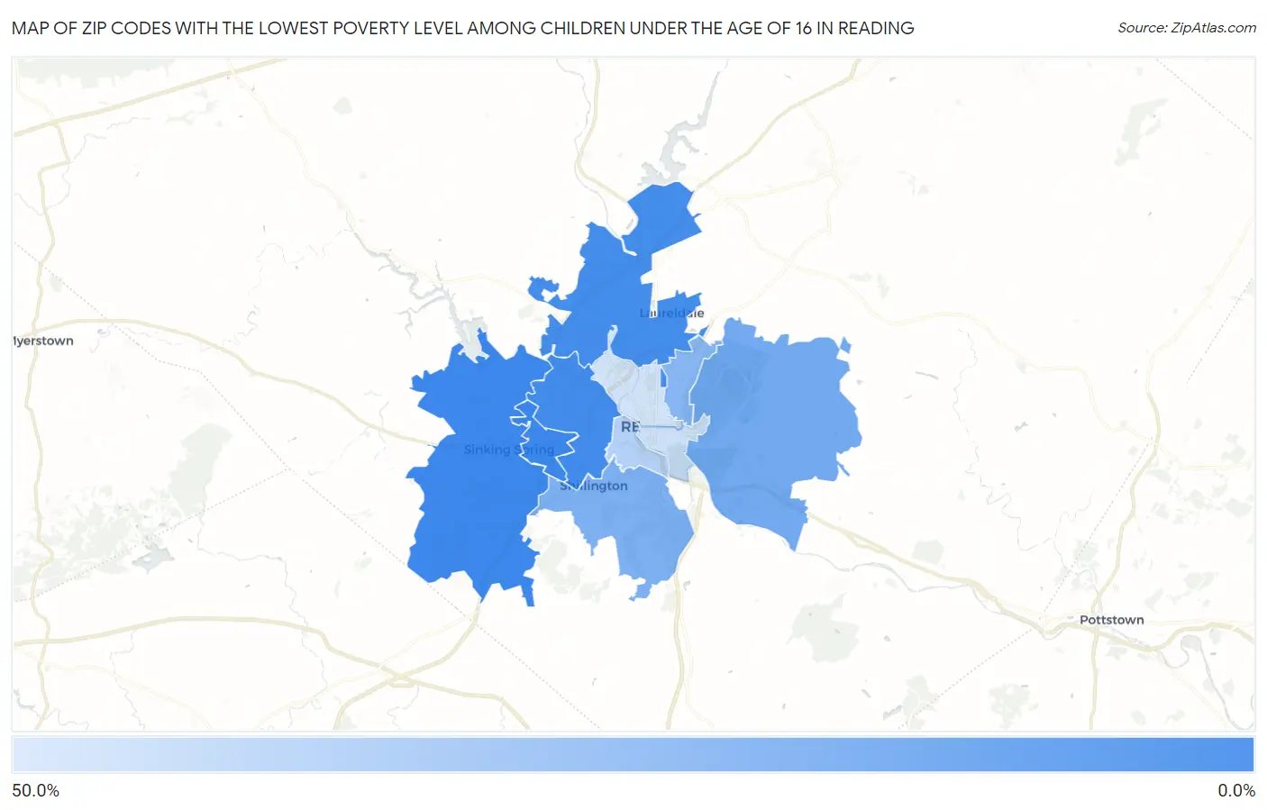 Zip Codes with the Lowest Poverty Level Among Children Under the Age of 16 in Reading Map