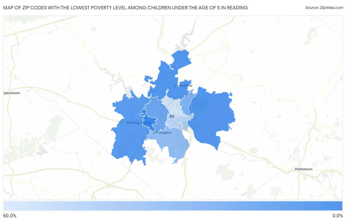 Zip Codes with the Lowest Poverty Level Among Children Under the Age of 5 in Reading Map