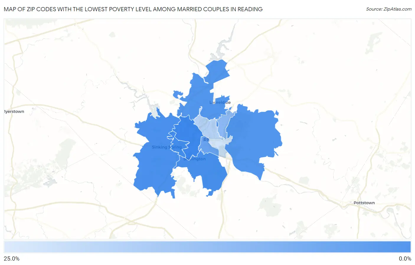 Zip Codes with the Lowest Poverty Level Among Married Couples in Reading Map