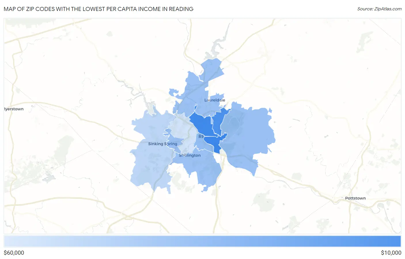 Zip Codes with the Lowest Per Capita Income in Reading Map