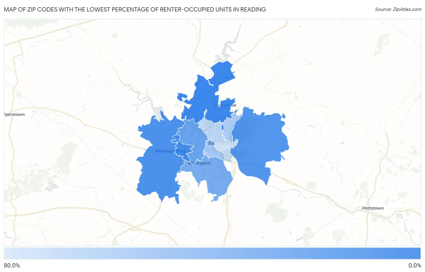 Zip Codes with the Lowest Percentage of Renter-Occupied Units in Reading Map
