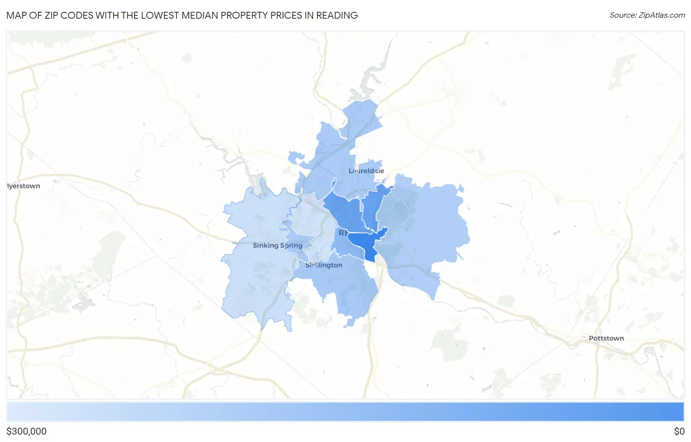 Zip Codes with the Lowest Median Property Prices in Reading Map