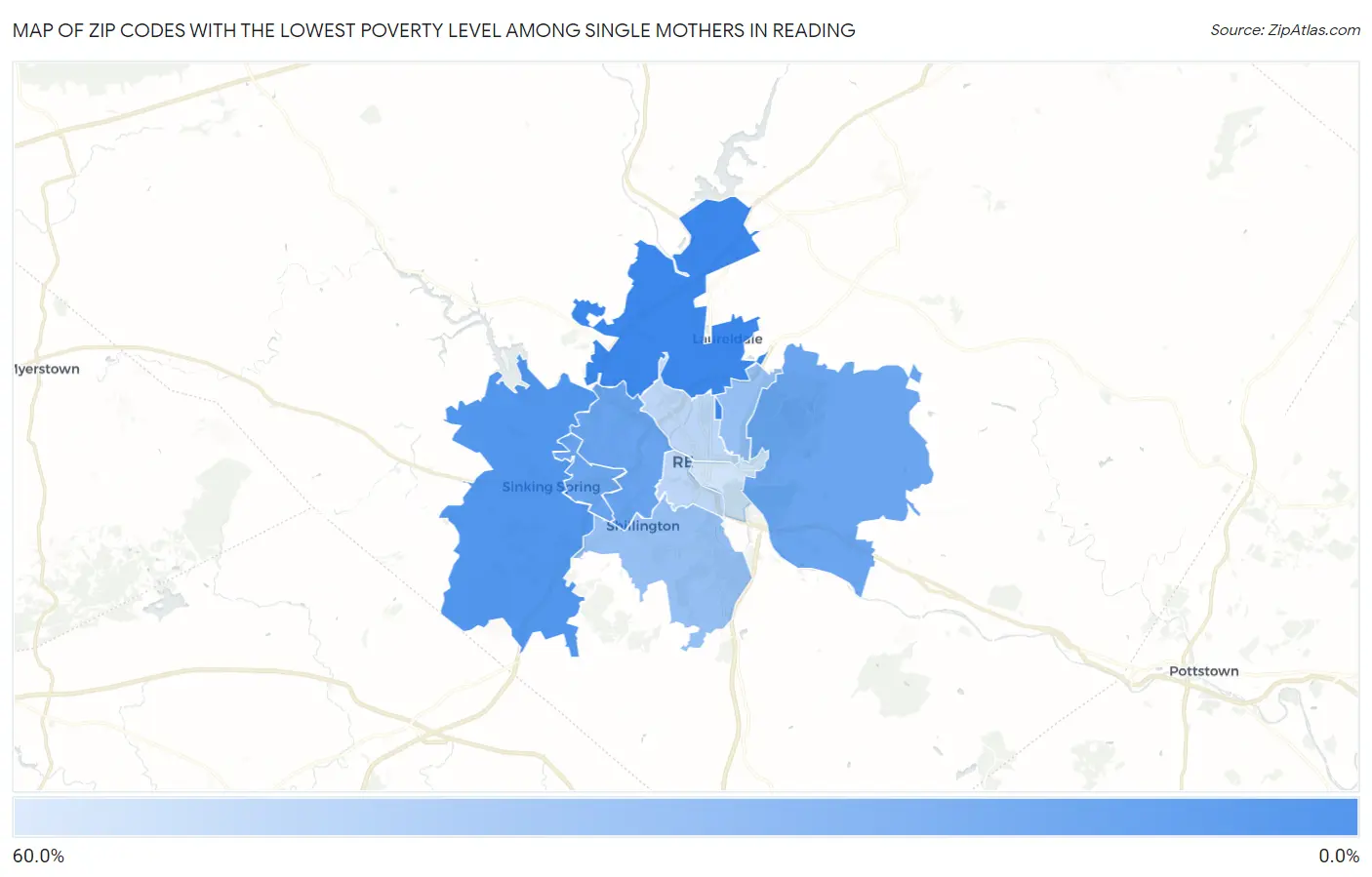 Zip Codes with the Lowest Poverty Level Among Single Mothers in Reading Map