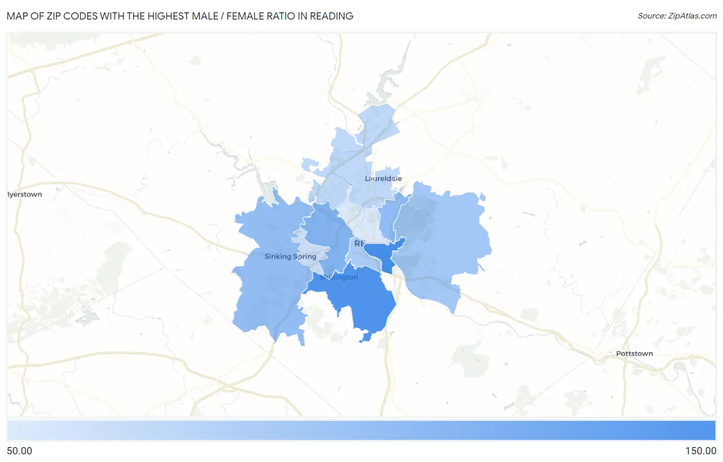 Zip Codes with the Highest Male / Female Ratio in Reading Map