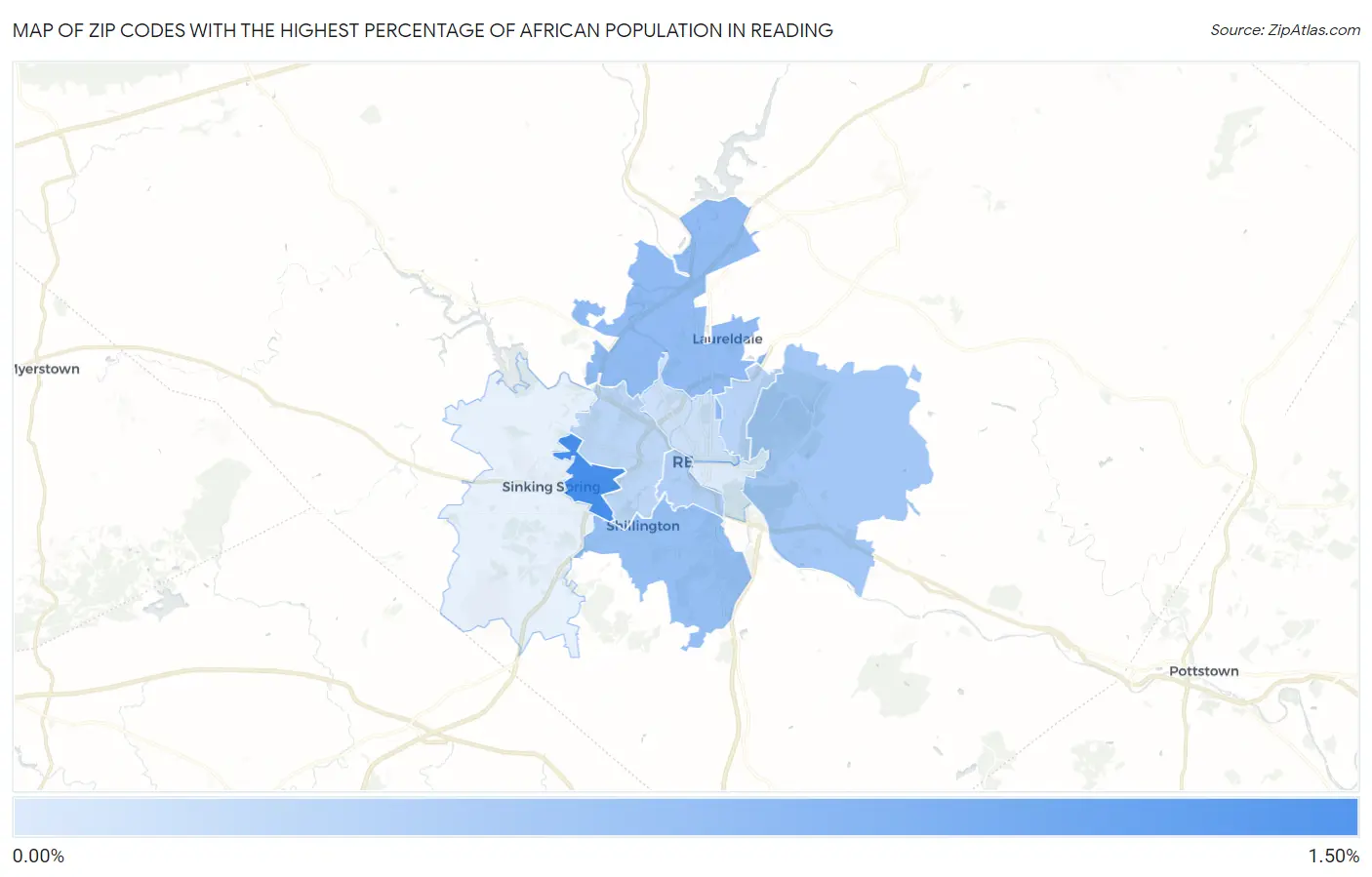 Zip Codes with the Highest Percentage of African Population in Reading Map
