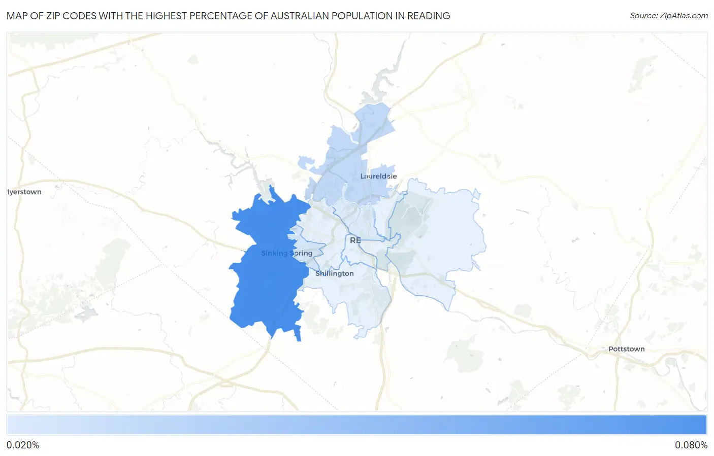 Zip Codes with the Highest Percentage of Australian Population in Reading Map