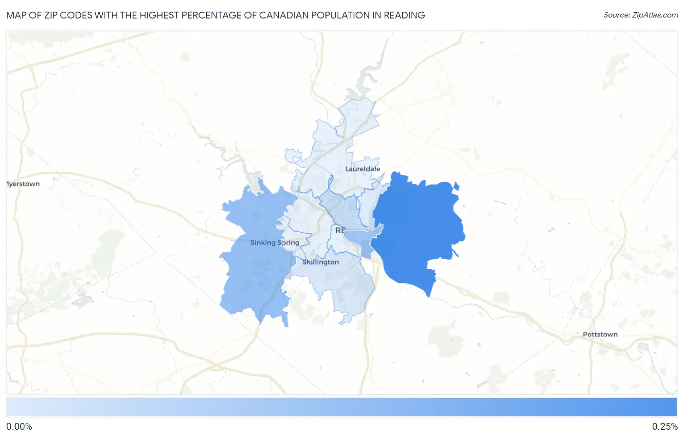Zip Codes with the Highest Percentage of Canadian Population in Reading Map