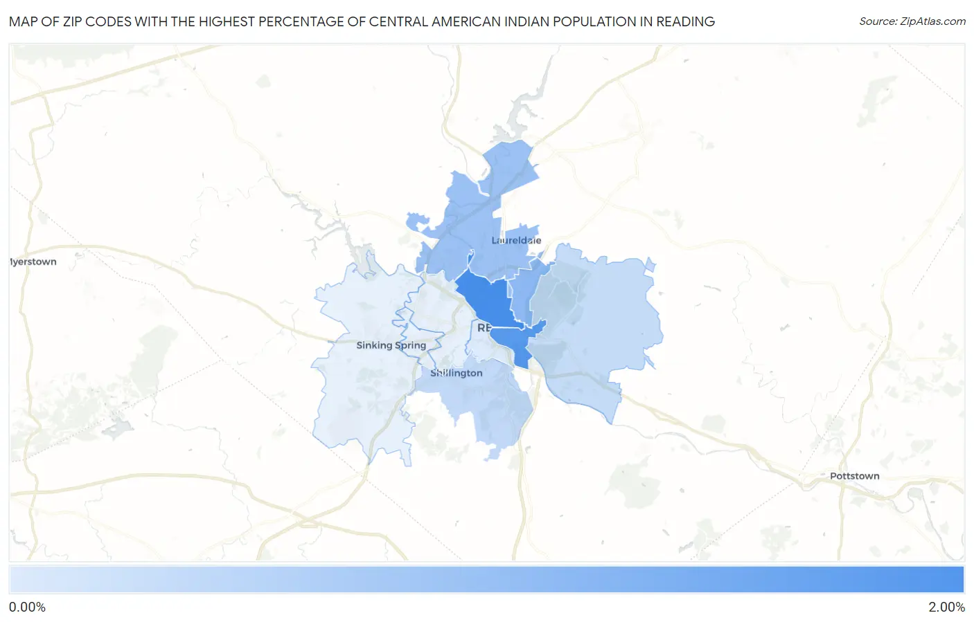 Zip Codes with the Highest Percentage of Central American Indian Population in Reading Map