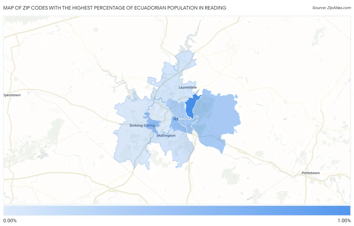 Zip Codes with the Highest Percentage of Ecuadorian Population in Reading Map