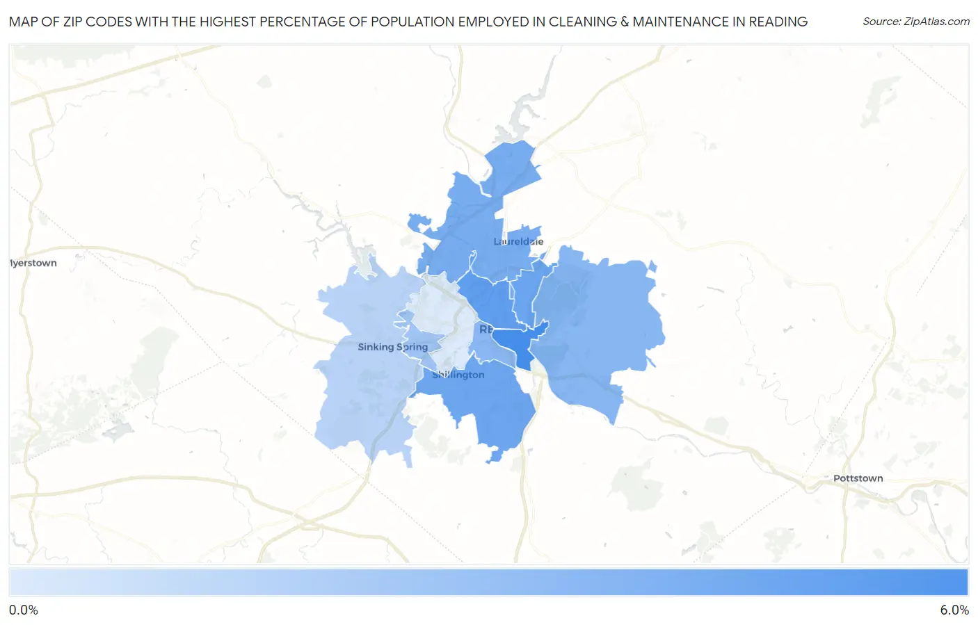 Zip Codes with the Highest Percentage of Population Employed in Cleaning & Maintenance in Reading Map