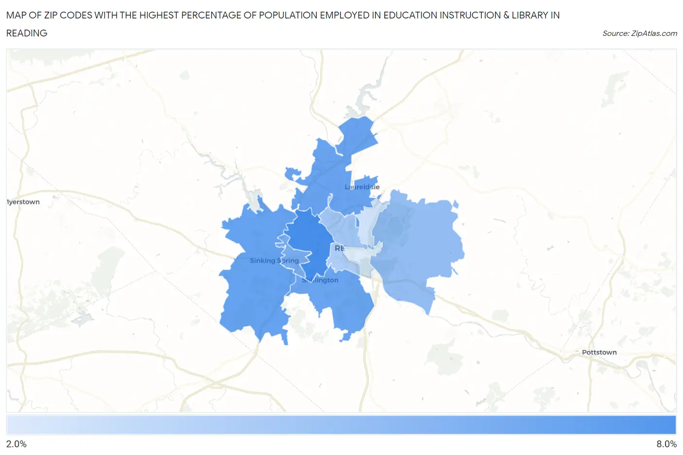 Zip Codes with the Highest Percentage of Population Employed in Education Instruction & Library in Reading Map