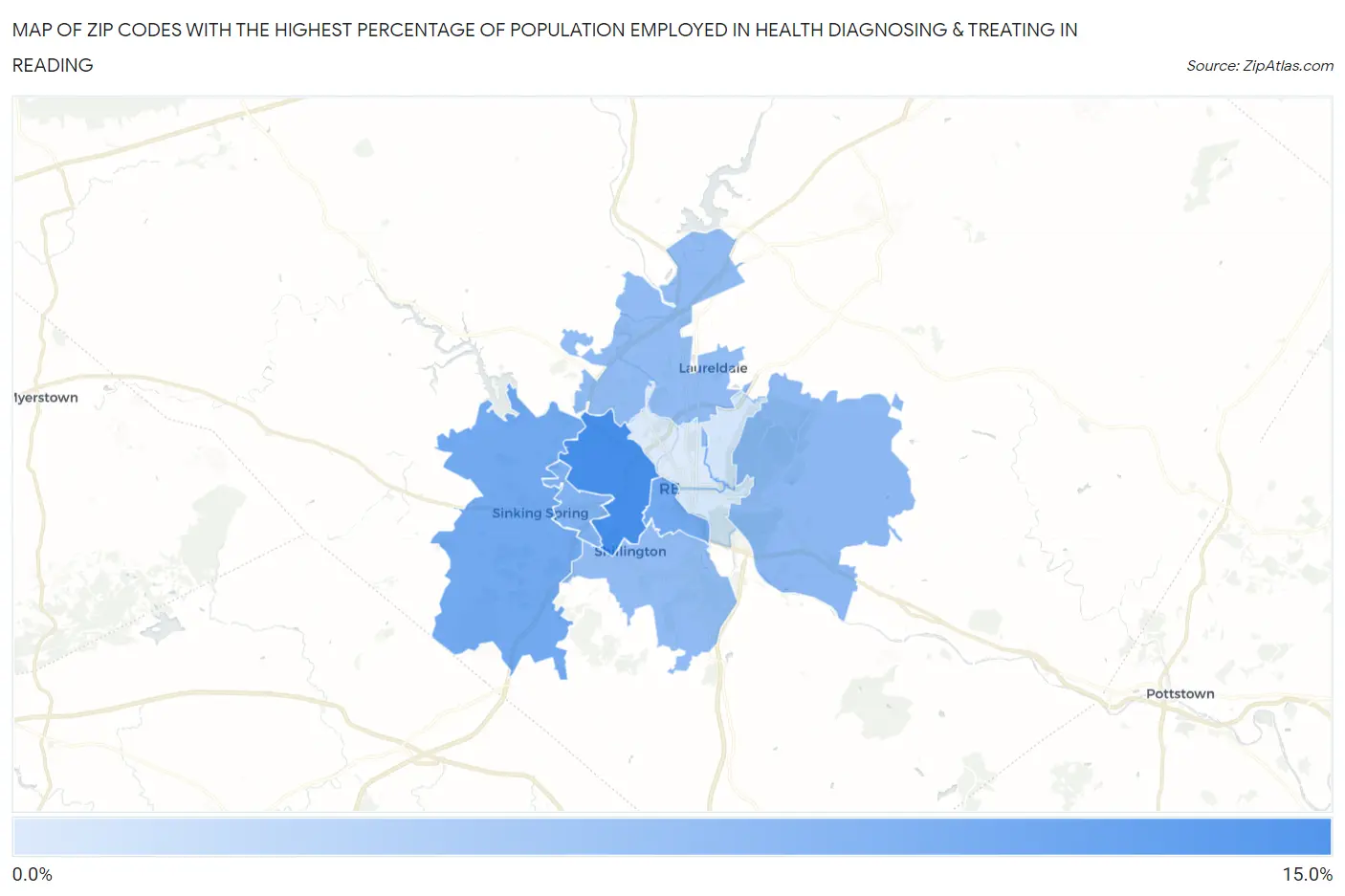 Zip Codes with the Highest Percentage of Population Employed in Health Diagnosing & Treating in Reading Map