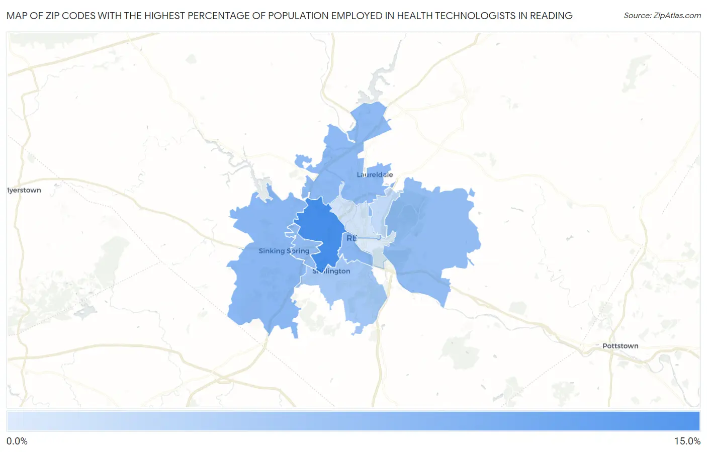 Zip Codes with the Highest Percentage of Population Employed in Health Technologists in Reading Map