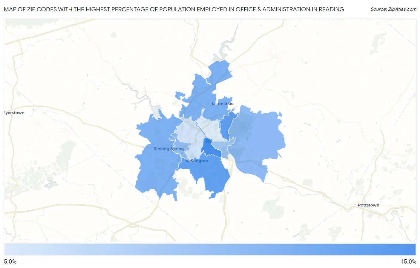 Zip Codes with the Highest Percentage of Population Employed in Office & Administration in Reading Map