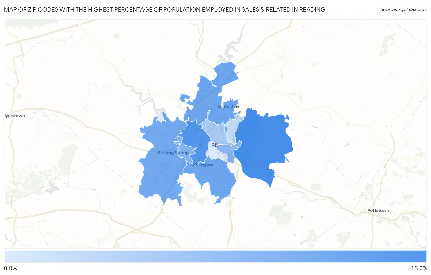 Zip Codes with the Highest Percentage of Population Employed in Sales & Related in Reading Map