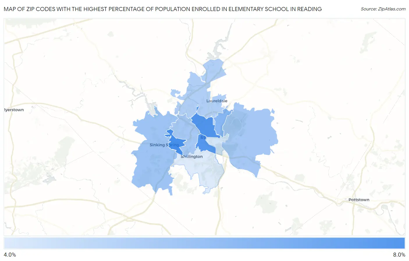 Zip Codes with the Highest Percentage of Population Enrolled in Elementary School in Reading Map