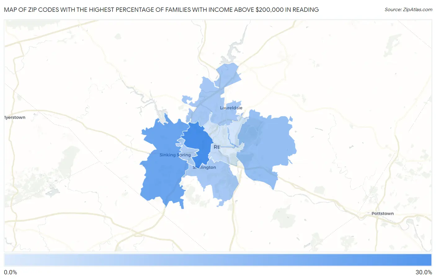 Zip Codes with the Highest Percentage of Families with Income Above $200,000 in Reading Map