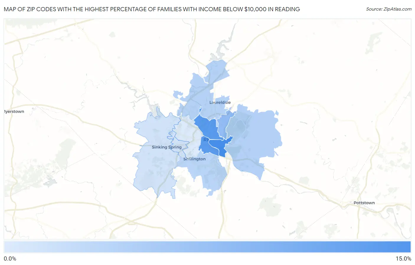 Zip Codes with the Highest Percentage of Families with Income Below $10,000 in Reading Map