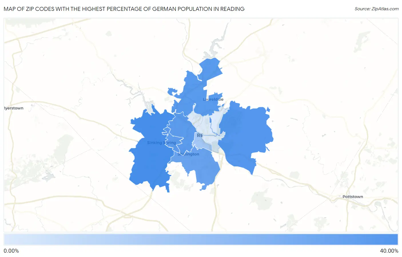 Zip Codes with the Highest Percentage of German Population in Reading Map